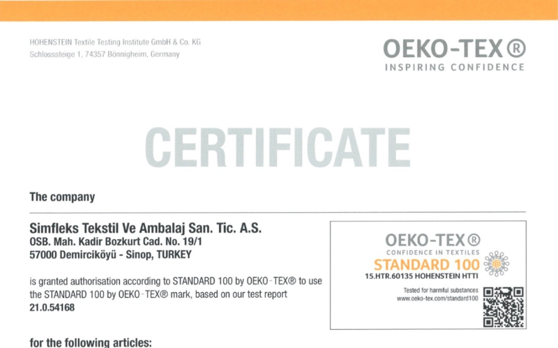 Our OEKO-TEX® Standard 100 certificate has been renewed. - Simfleks Textile  - Metallic Yarn Production